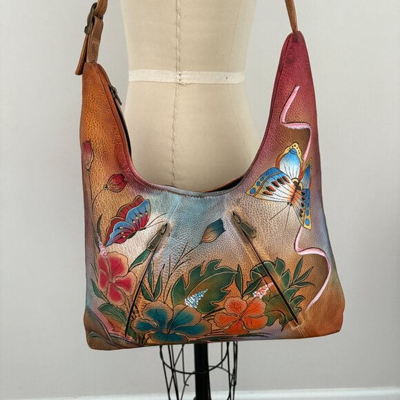 Anuschka Hand Painted Leather Satchel Bag Butterfly Floral Shoulder Bag - Picture 5 of 12